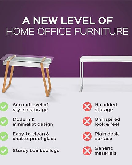 bonVIVO Massimo Small Desk - 43 Inch, Modern Computer Desk for Small Spaces, Living Room, Office and Bedroom - Study Table w/Glass Top and Shelf Space - Black - LeafyLoom