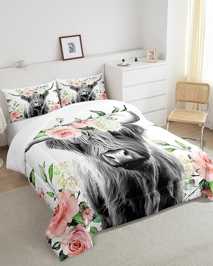 Feelyou Highland Cow Bedding Set Kids Rose Floral Bull Cattle Comforter Set for Girls Teens Western Wildlife Animal Comforter Farmhouse Duvet Set Room Decor Quilt Set Queen Size - LeafyLoom