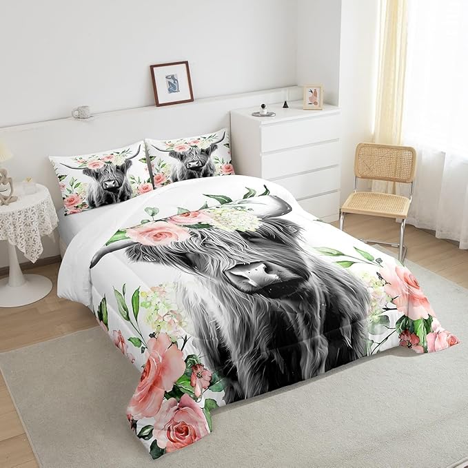Feelyou Highland Cow Bedding Set Kids Rose Floral Bull Cattle Comforter Set for Girls Teens Western Wildlife Animal Comforter Farmhouse Duvet Set Room Decor Quilt Set King Size - LeafyLoom