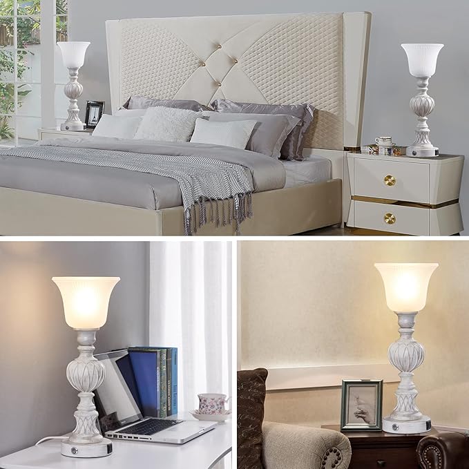 Luvkczc Touch Lamps for Living Room Set of 2, 3-Way Bedside Lamps with Glass Lampshade for Bedroom Living Room Farmhouse Office, Rustic Resin Classic Table Lamps Washed White - LeafyLoom