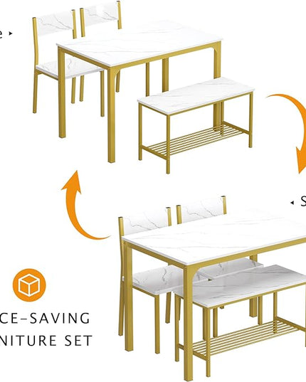 soges 4 Person Dining Table Set,43.3 inch Kitchen Table Set for 4,2 Chairs with Backrest,2-Person Bench with Storage Rack,Nesting Furniture Set for Dining Room and Restaurant, White Gold - LeafyLoom