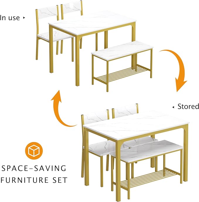 soges 4 Person Dining Table Set,43.3 inch Kitchen Table Set for 4,2 Chairs with Backrest,2-Person Bench with Storage Rack,Nesting Furniture Set for Dining Room and Restaurant, White Gold - LeafyLoom