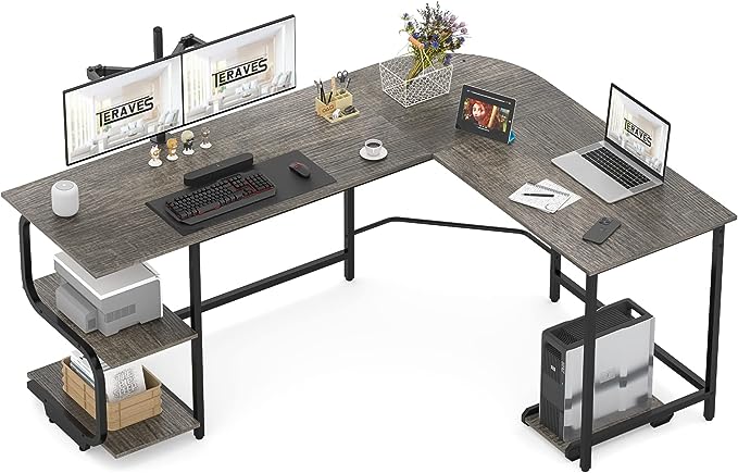 Teraves Reversible L Shaped Desk with Large Surface, 69 Inch Sturdy Corner Desk with Storage Shelves, Premium Office Computer Desk Workstation for Home Office Gaming - LeafyLoom