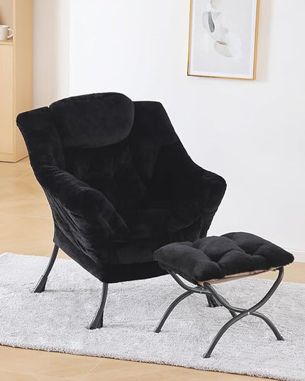 Plush Lazy Chair and Ottoman, Large Contemporary Accent Lounge Chair with Armrests and a Side Pocket, Modern Leisure Upholstered Sofa Reading Armchair with Footrest for Bedroom, Living Room - LeafyLoom