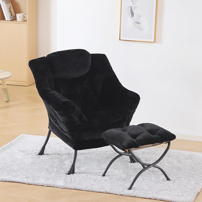 Plush Lazy Chair and Ottoman, Large Contemporary Accent Lounge Chair with Armrests and a Side Pocket, Modern Leisure Upholstered Sofa Reading Armchair with Footrest for Bedroom, Living Room - LeafyLoom