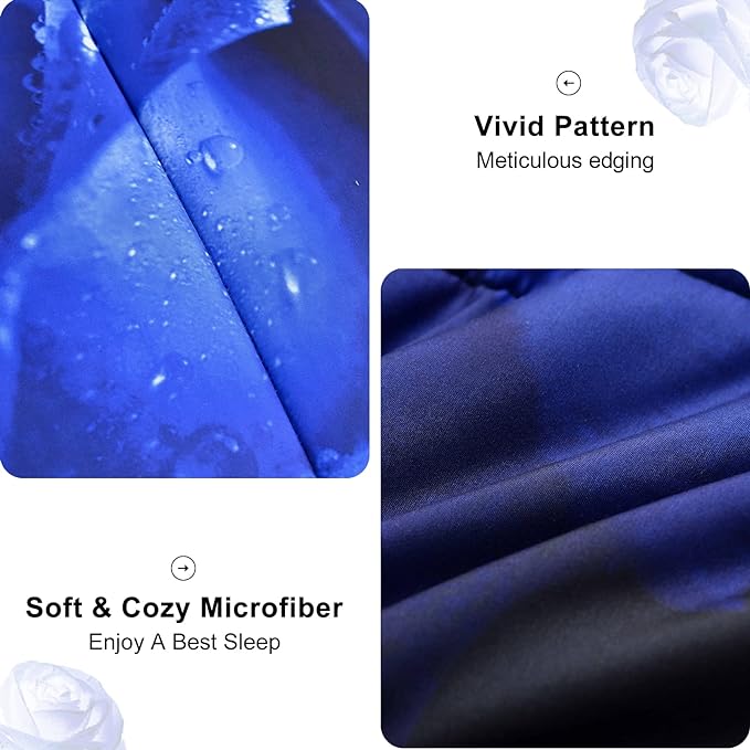 WONGS BEDDING Blue Comforter Set Queen Reversible Blue Rose Pattern Printed Bedding Comforter Set with 2 Pillowcases for All Seasons, Soft Microfiber Filling Bedding Set 90"x90" - LeafyLoom
