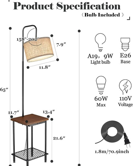 ELYONA Industrial Table Floor Lamp, Solid Wood End Table lamp with USB Type-C Charging Port & Power Outlet, Side Table Shelf Tall Pole Standing Light for Living Room,Bedroom,LED Bulb Included, Brown - LeafyLoom