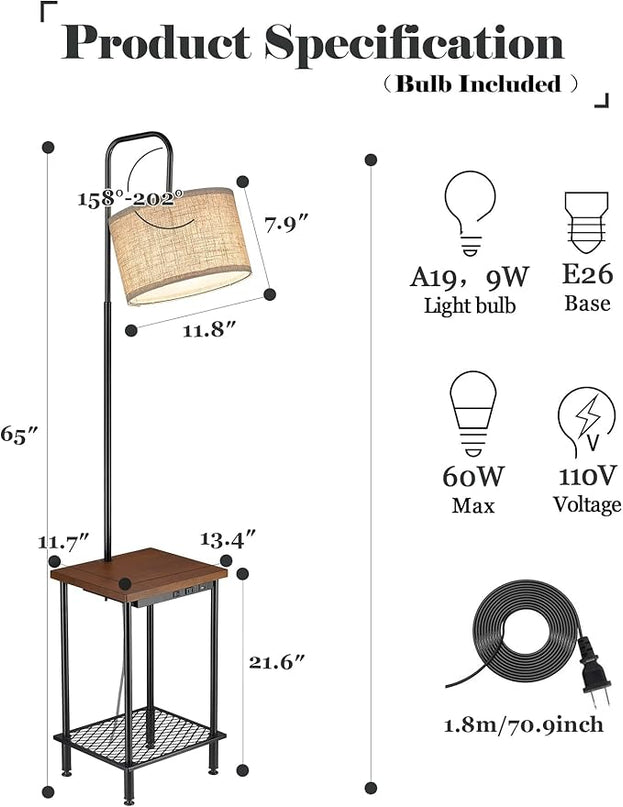 ELYONA Industrial Table Floor Lamp, Solid Wood End Table lamp with USB Type-C Charging Port & Power Outlet, Side Table Shelf Tall Pole Standing Light for Living Room,Bedroom,LED Bulb Included, Brown - LeafyLoom
