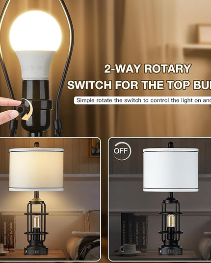 Modern Table Lamps Set of 2, Industrial 3-Way Dimmable Bedside Lamp with USB A+C Ports & AC Outlet, 25" Touch Control Nightstand Lamp LED Night Light for Living Room Bedroom Home(4 Bulbs Included) - LeafyLoom