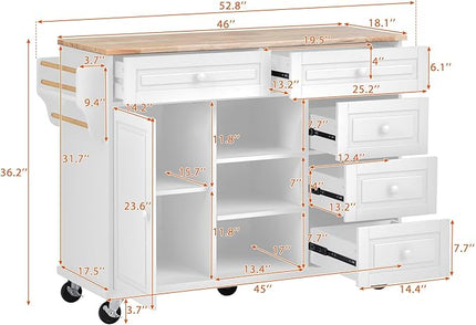 Kitchen Island with Storage, Rolling Table on Wheels w/5 Drawers for Dinning Room, Rubber Wood Contertop - LeafyLoom