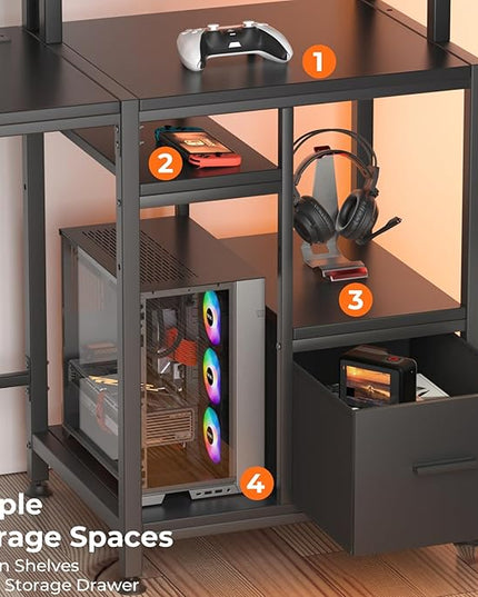 GreenForest 55 inch Computer Desk with Drawers and Outlets, Home Office Desk with Storage and Printer Shelf, Work Desk with Fabric File Drawer, Study Desk with Monitor Stand, Computer Table, Black - LeafyLoom