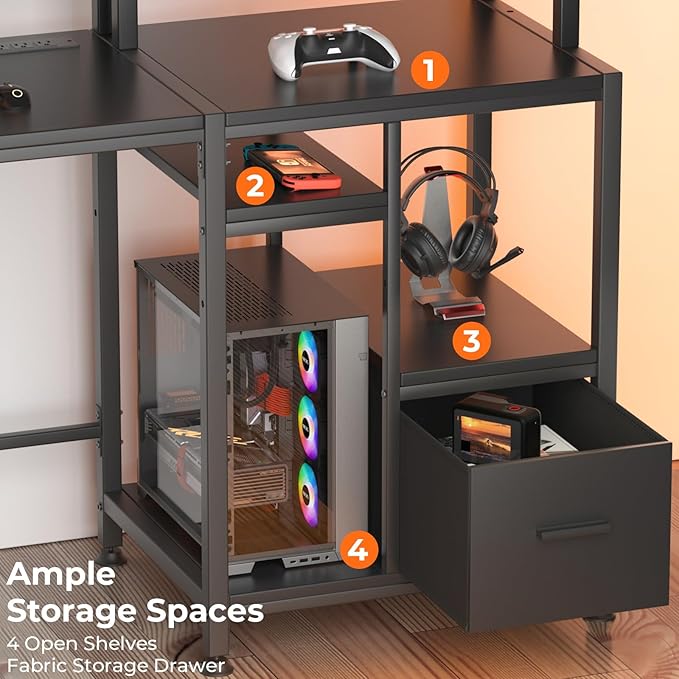 GreenForest 55 inch Computer Desk with Drawers and Outlets, Home Office Desk with Storage and Printer Shelf, Work Desk with Fabric File Drawer, Study Desk with Monitor Stand, Computer Table, Black - LeafyLoom