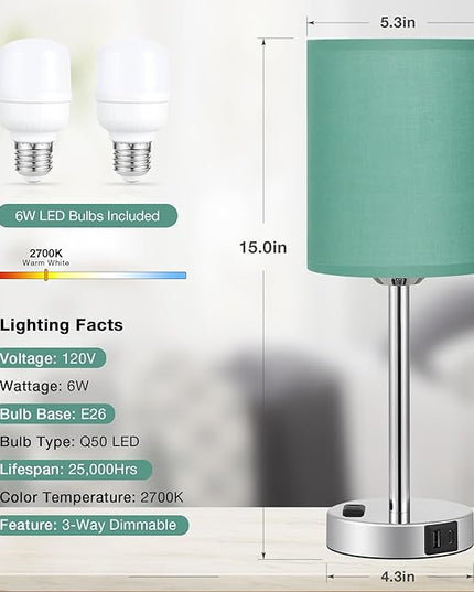 Innqoo Teal Touch Table Lamps Set of 2-3 Way Dimmable Bedside Lamp with USB C and A Ports and Outlets, Modern Nightstand Lamp with Silver Base, Small Bedroom Lamps for Kids Nursery - LeafyLoom