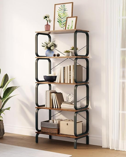 zbet 5 Tier Bookshelf, Modern Sturdy Bookcase,Industrial Metal and Wood Shelf, Tall Free Standing Book Shelf for Living Room, Bedroom, Kitchen and Home Office(Rustic Brown) - LeafyLoom