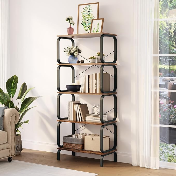 zbet 5 Tier Bookshelf, Modern Sturdy Bookcase,Industrial Metal and Wood Shelf, Tall Free Standing Book Shelf for Living Room, Bedroom, Kitchen and Home Office(Rustic Brown) - LeafyLoom