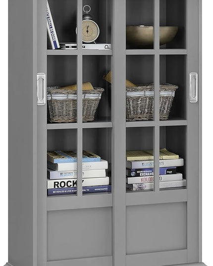 Aaron Lane Bookcase with Sliding Glass Doors, Gray - LeafyLoom