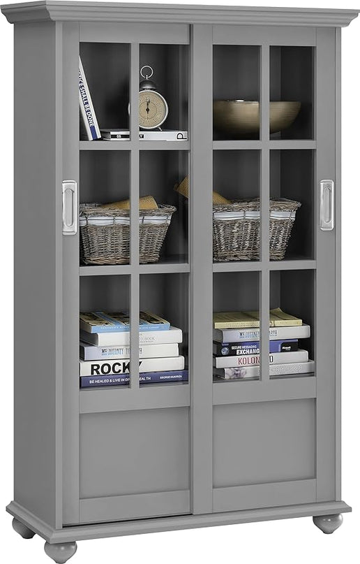 Aaron Lane Bookcase with Sliding Glass Doors, Gray - LeafyLoom