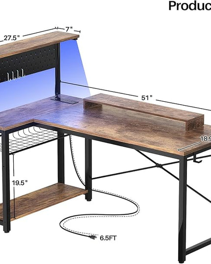 Homieasy Small Gaming Desk with Power Outlets Pegboard LED Light, 51 Inch L Shaped Computer Desk with Monitor Stand Storage Shelves, Reversible Corner Desk with Headset Hooks, Rustic Brown - LeafyLoom