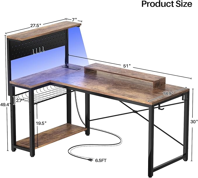 Homieasy Small Gaming Desk with Power Outlets Pegboard LED Light, 51 Inch L Shaped Computer Desk with Monitor Stand Storage Shelves, Reversible Corner Desk with Headset Hooks, Rustic Brown - LeafyLoom