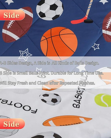 RYNGHIPY Kids Sports Theme Bedding Set, Basketball Football Baseball Tennis Print Comforter Set for Teens Boys Girls, Super Soft Lightweight (Balls,Queen) - LeafyLoom