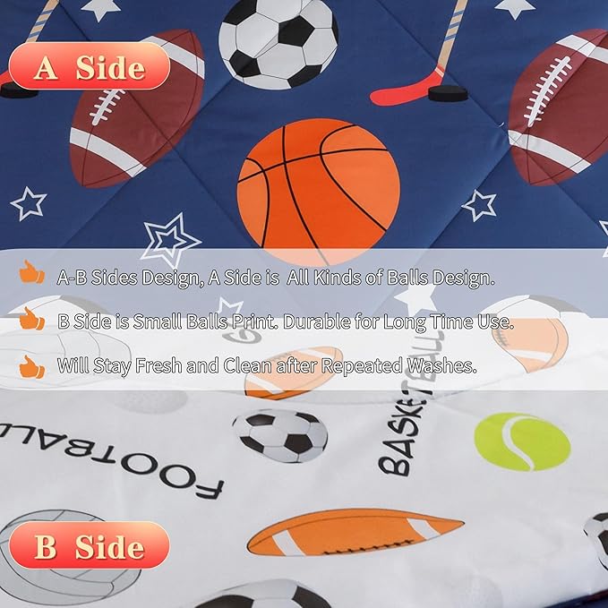RYNGHIPY Kids Sports Theme Bedding Set, Basketball Football Baseball Tennis Print Comforter Set for Teens Boys Girls, Super Soft Lightweight (Balls,Queen) - LeafyLoom