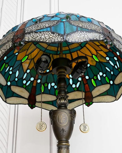 Tiffany floor lamp stained glass lamps for living room bedroom office rustic corner standing tall vintage light kids unique Pulling chain Green Dragonfly style lighting - LeafyLoom