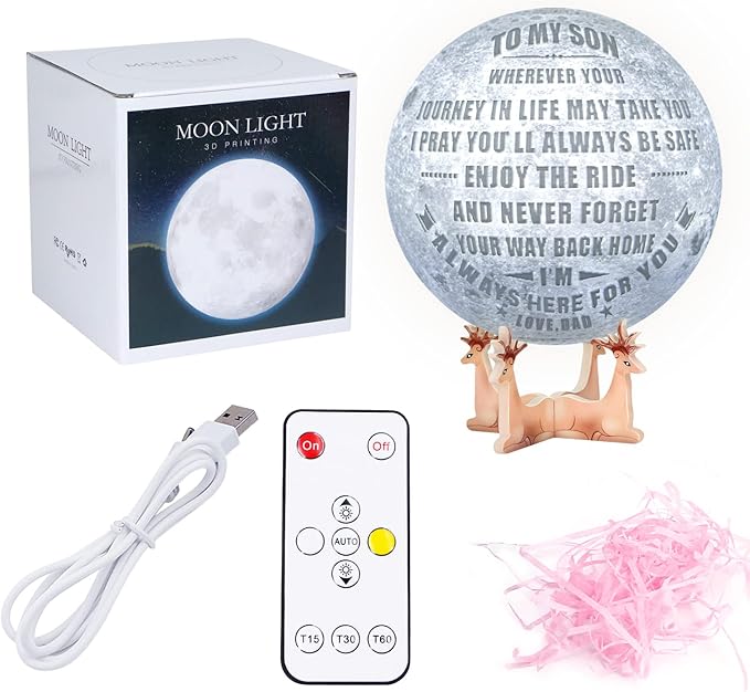 Engraved 3D Moon Lamp Christmas Gifts for Son, to My Son from Mom, Personalized 5.9 Inch 3D Printing Moon Light for Son Birthdays Graduation Gifts - LeafyLoom