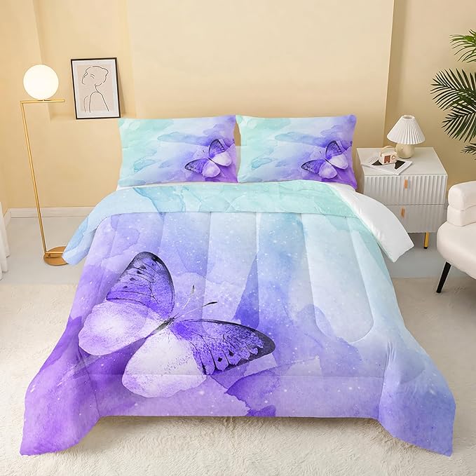 Butterfly Comforter Full Size,Watercolor Butterfly Kids Comforter Set,3Pcs Bedding Set Printed Comforter with 2 Pillowcases,Down Alternative,Soft and Lightweight,for All Seasons - LeafyLoom