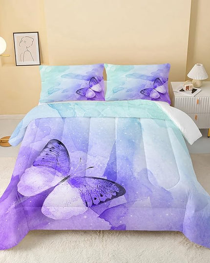 Butterfly Comforter Queen Size,Watercolor Butterfly Kids Comforter Set,3Pcs Bedding Set Printed Comforter with 2 Pillowcases,Down Alternative,Soft and Lightweight,for All Seasons - LeafyLoom