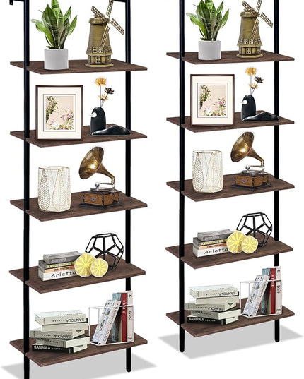 5 Tiers Ladder Shelf 2-Piece Black Modern Tall Bookshelf Open Large Tall Wall Mount Storage Bookcase Standing Leaning Wall Shelves Industrial Decorative - LeafyLoom