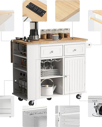 Kitchen Island Drop Leaf & Power Outlet, Mobile Cart w/Open Storage Wine Rack, Lockable Universal Wheels and Unfolded Tabletop, for Home, Dining Room, White, 39.8 Inch - LeafyLoom