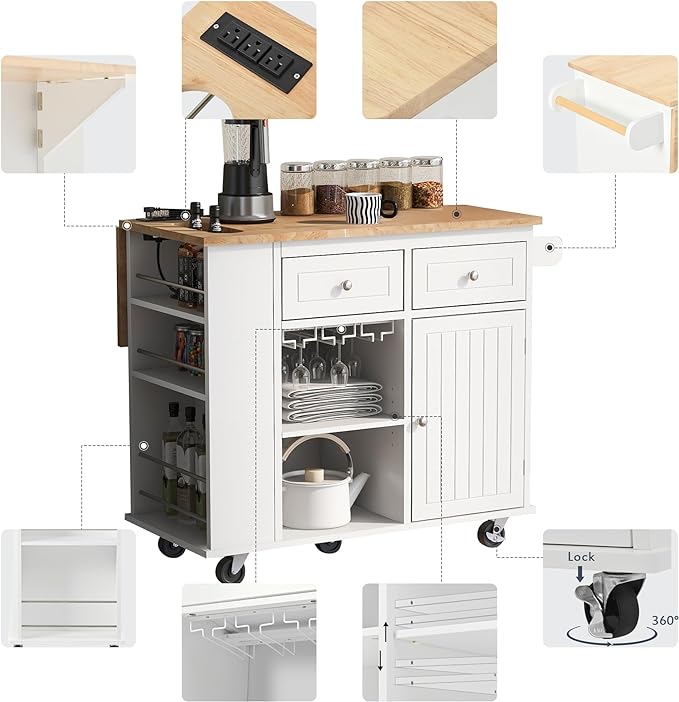 Kitchen Island Drop Leaf & Power Outlet, Mobile Cart w/Open Storage Wine Rack, Lockable Universal Wheels and Unfolded Tabletop, for Home, Dining Room, White, 39.8 Inch - LeafyLoom