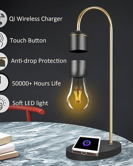 Levitating Light Bulb Lamp with Wireless Charging Pad (Apple/Android) Magnetic Levitation Floating Table Lamp Gold with Replacement Bulb for Home Office Christmas Gift Bedroom Decoration - LeafyLoom