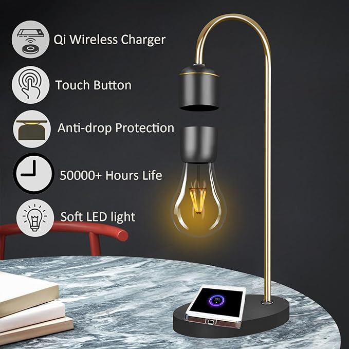 Levitating Light Bulb Lamp with Wireless Charging Pad (Apple/Android) Magnetic Levitation Floating Table Lamp Gold with Replacement Bulb for Home Office Christmas Gift Bedroom Decoration - LeafyLoom