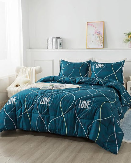 Blue Green Comforter Set King Size, 3 Pieces Modern Lines Pattern with Love, Soft Microfiber Bedding Comforter Set, Down Alternative Comforters for All Season (104 * 90’’) - LeafyLoom