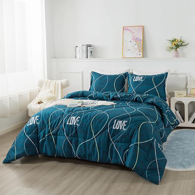 Blue Green Comforter Set King Size, 3 Pieces Modern Lines Pattern with Love, Soft Microfiber Bedding Comforter Set, Down Alternative Comforters for All Season (104 * 90’’) - LeafyLoom