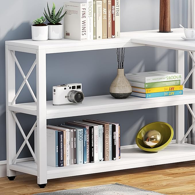 Tribesigns Reversible Industrial L-Shaped Desk with Storage Shelves, Corner Computer Desk PC Laptop Study Table Workstation for Home Office Small Space (White, 59") - LeafyLoom