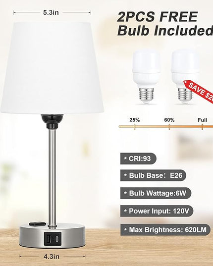 Table Lamps for Bedrooms Set of 2 Bedside - Nightstand with USB C Port and AC Outlet Charging, Dimmable Touch Small White End Side Lamp Light for Kid/Guest Room/Living Room - LeafyLoom