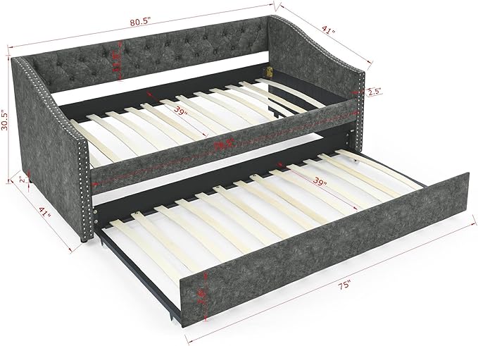 Twin Size Daybed with Trundle,Linen Upholstered Sofa Bed W/Button on Back & Copper Nail on Waved Shape Armrests,Space Saving,No Spring Box Need,Wood Bedframe for Living Room Bedroom Dorm,Grey - LeafyLoom