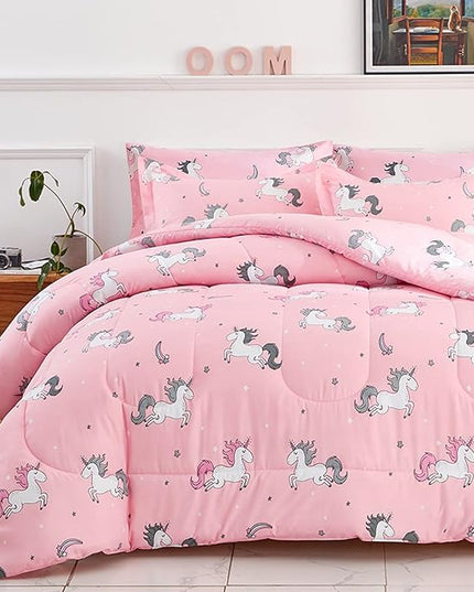 UOZZI BEDDING Bed in a Bag 7 Pieces King Size Unicorn Pink with Rainbow Star - Soft Microfiber, Reversible Bed Comforter Set (1 Comforter, 2 Pillow Shams, 1 Flat Sheet, 1 Fitted Sheet, 2 Pillowcases) - LeafyLoom