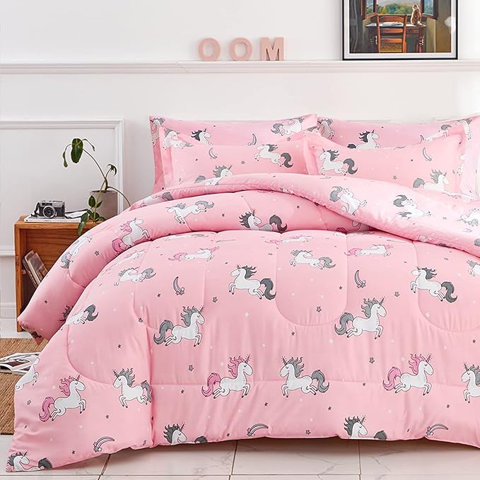 UOZZI BEDDING Bed in a Bag 7 Pieces King Size Unicorn Pink with Rainbow Star - Soft Microfiber, Reversible Bed Comforter Set (1 Comforter, 2 Pillow Shams, 1 Flat Sheet, 1 Fitted Sheet, 2 Pillowcases) - LeafyLoom
