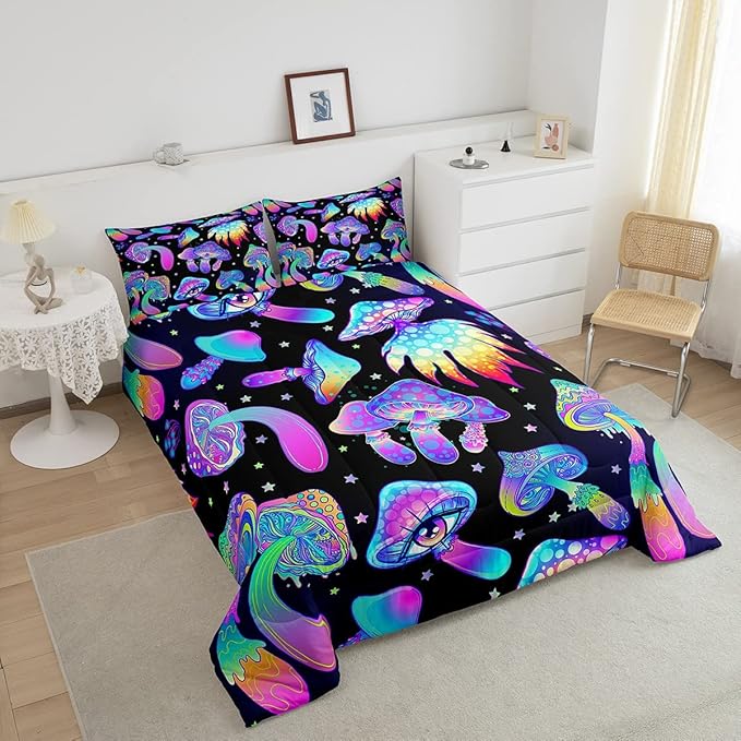 Mushroom Comforter Set Full,Kawaii Trippy Botanical Bedding Set Psychedelic Plant Down Comforter For Kids Girls Teens Women Cartoon Cute Mushroom Room Decor Quilt Duvet Set With 2 Pillow Cases Black - LeafyLoom