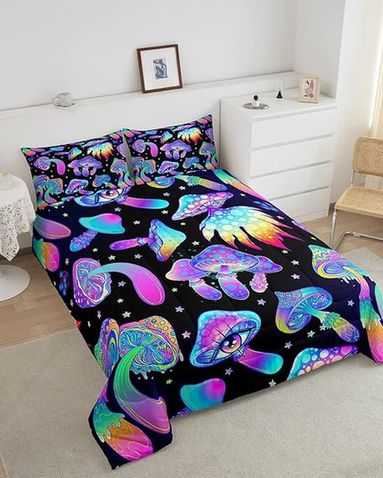 Mushroom Comforter Set Twin,Kawaii Trippy Botanical Bedding Set Psychedelic Plant Down Comforter For Kids Girls Teens Women Cartoon Cute Mushroom Room Decor Quilt Duvet Set With 1 Pillow Case Black - LeafyLoom