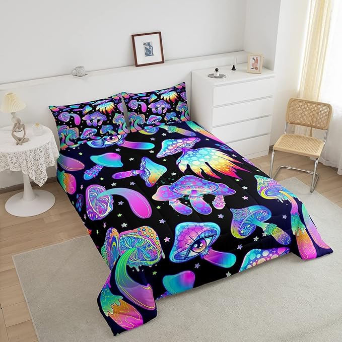 Mushroom Comforter Set Twin,Kawaii Trippy Botanical Bedding Set Psychedelic Plant Down Comforter For Kids Girls Teens Women Cartoon Cute Mushroom Room Decor Quilt Duvet Set With 1 Pillow Case Black - LeafyLoom