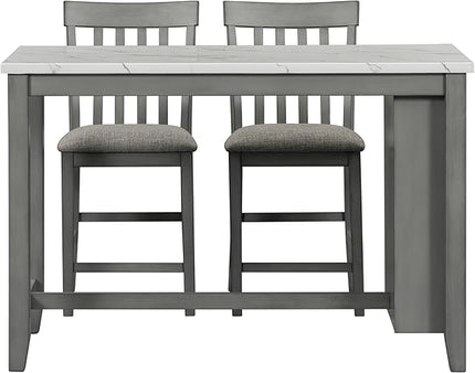3-Piece Wooden Counter Height Dining Table Set with Faux Marble Veneer and Built-in Storage Shelves, 2 Upholstered Chairs, for Kitchen, Breakfast Nook, Bar, Living Room, Gray - LeafyLoom