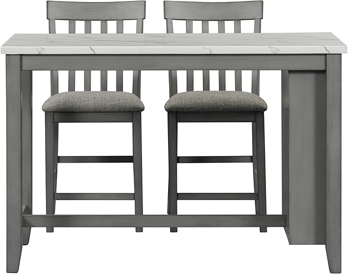 3-Piece Wooden Counter Height Dining Table Set with Faux Marble Veneer and Built-in Storage Shelves, 2 Upholstered Chairs, for Kitchen, Breakfast Nook, Bar, Living Room, Gray - LeafyLoom