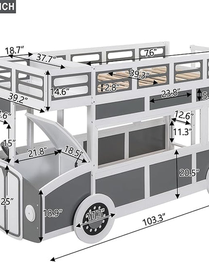Twin over Twin Bus-shaped Bunk Bed with Wheels,Kids Car-Shaped Bedframe W/Storage,Space Saving,No Box Spring Needed,Wood Toy Bedroom Furniture for Boys Toddlers Teens Child,Gray+White - LeafyLoom