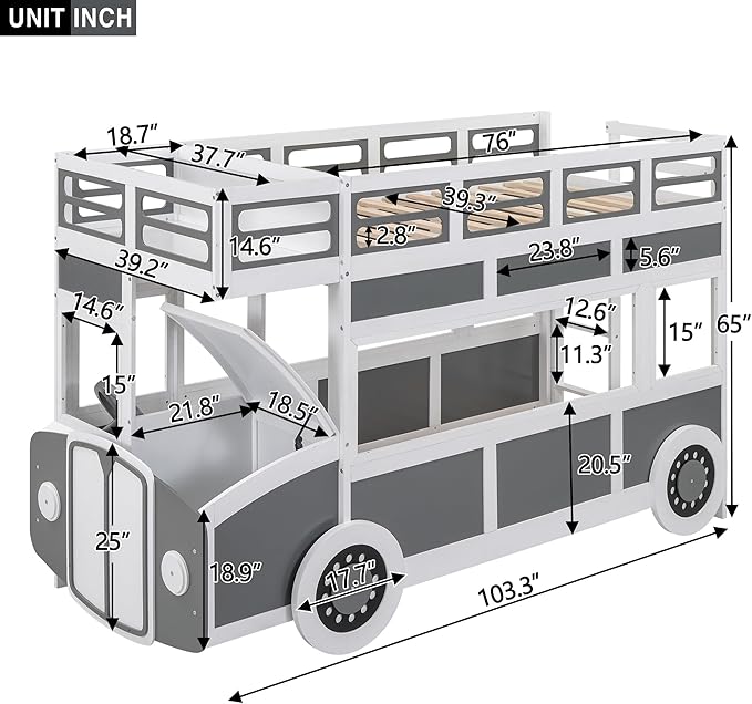 Twin over Twin Bus-shaped Bunk Bed with Wheels,Kids Car-Shaped Bedframe W/Storage,Space Saving,No Box Spring Needed,Wood Toy Bedroom Furniture for Boys Toddlers Teens Child,Gray+White - LeafyLoom