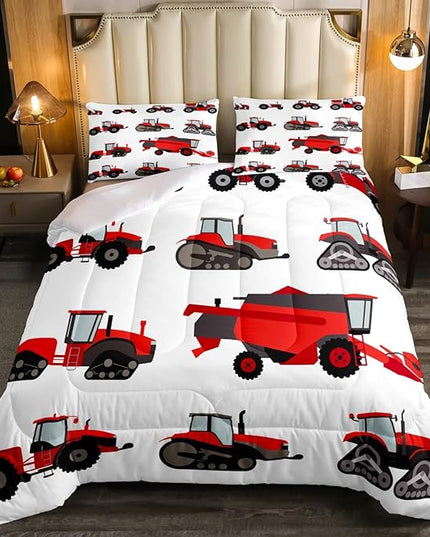 Red Tractor Comforter Set Full Size Heavy Equipment Truck Bedding Set For Kids Boys Girls Teens Harvester Tractor Down Comforter Farm Equipment Quilt Set Bedroom Collection 3Pcs Car Room Decor - LeafyLoom