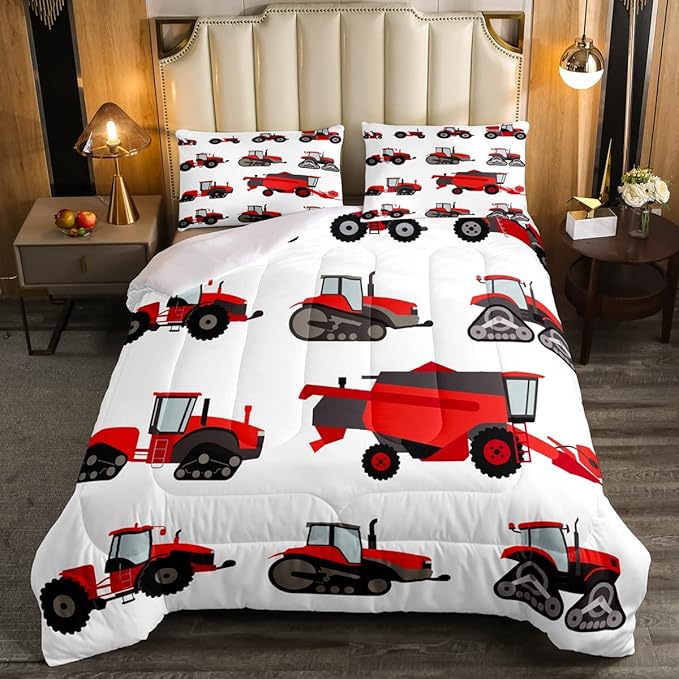 Red Tractor Comforter Set Full Size Heavy Equipment Truck Bedding Set For Kids Boys Girls Teens Harvester Tractor Down Comforter Farm Equipment Quilt Set Bedroom Collection 3Pcs Car Room Decor - LeafyLoom
